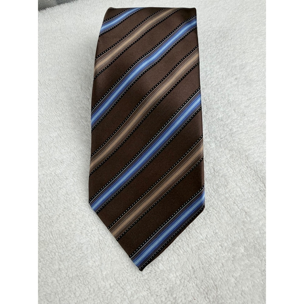 Italo Ferretti Mens 100% Silk Tie Brown Blue Striped Handmade Italy Silvi Marina